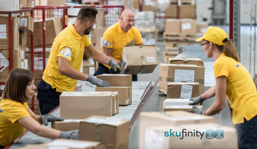 Warehouse workers in yellow shirts and safety gloves handling packages on a conveyor belt. The team collaborates efficiently, preparing orders for shipment. The image showcases a busy, organized workspace with boxes and packages, representing efficiency and high-quality service in logistics. The Skyfinity logo is visible in the lower right corner.